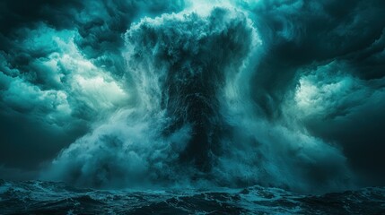 A colossal, dark-teal waterspout erupts from a tempestuous sea under a brooding, stormy sky