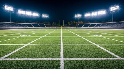Fototapeta premium Nighttime football stadium with glowing field lights and a blurred crowd backdrop, capturing the energy of the game. 