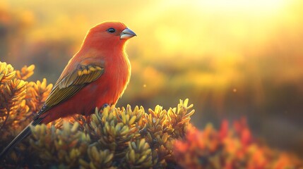 Vibrant Laysan Finch Telespiza cantans extinct perched on a sunlit shrub in a Hawaiian landscape its feathers glowing under the golden sun