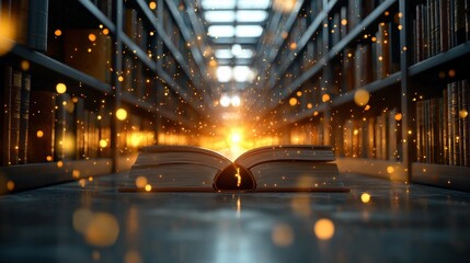 Magical library with glowing book and shimmering lights.
