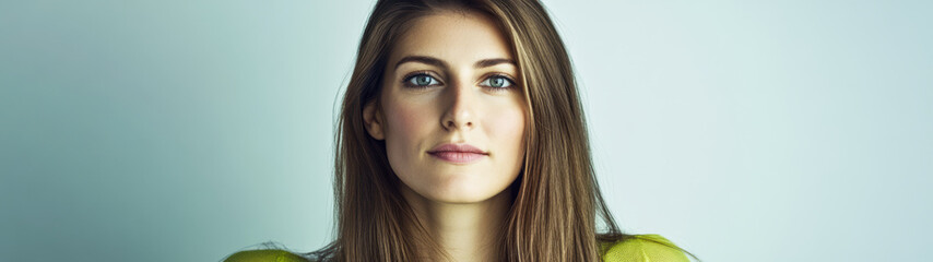 Obraz premium Young woman with long hair and striking blue eyes poses confidently against a light backdrop