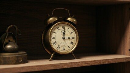 Naklejka premium Vintage brass alarm clock on shelf