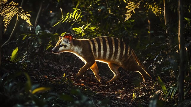 Vivid scene of the Thylacine Thylacinus cynocephalus or Tasmanian Tiger walking through a dense eucalyptus forest under twilight its striped back blending into the shadows extinct in 1936