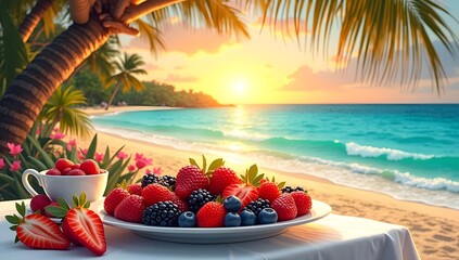 Obraz premium ropical beach berry bowl, sun, ocean