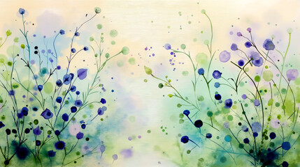 A painting of blue and green flowers on a white background