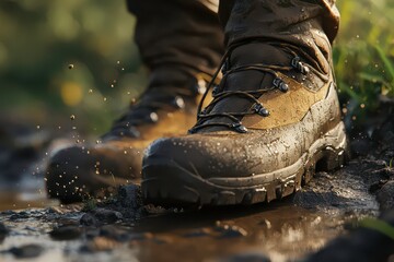 Close-Up of Hiking Boot on Muddy Trail with Water Splashes