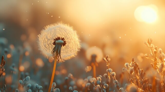 A close-up of a dandelion puffball, with fine seeds visible against a soft, natural grassy background  - Powered by Adobe