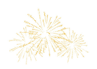 Obraz premium Golden, composition fireworks or salute bursting background, isolated texture. Gold firecracker, Firework explosion. Sparkling crumbs. Dust jewelry. Jewel confetti, pyrotechnic. Png illustration