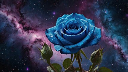 A blue rose is the main focus of the image, surrounded by a galaxy of stars