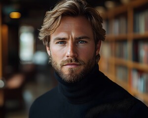 Obraz premium Sophisticated Man in Chic Library Exuding Confidence and Intellect