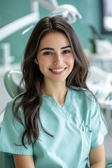 Obraz premium Portrait of smiling dentist on blurred stomatology clinic cabinet