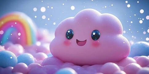 Joyful Pink Cloud: A Whimsical, 3D Rendered Scene