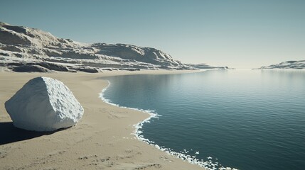 White Rock on Sandy Beach with Teal Ocean Under Bright Sunlight