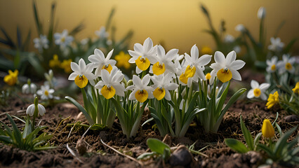 Fototapeta premium A time-lapse scene of white snowdrops and yellow pansies growing rapidly on a yellow canvas, symbolizing the awakening of nature in spring.