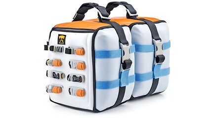 Fototapeta premium Modern White Orange Modular Backpack Travel Bag with Multiple Compartments and Straps