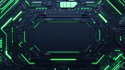 Fototapeta premium Futuristic Tech Background with Glowing Green Lines and Dark Panel, symbolizing innovation, technology, and progress. Ideal for Sci-Fi projects, video game interfaces, tech websites, and futuristic pr
