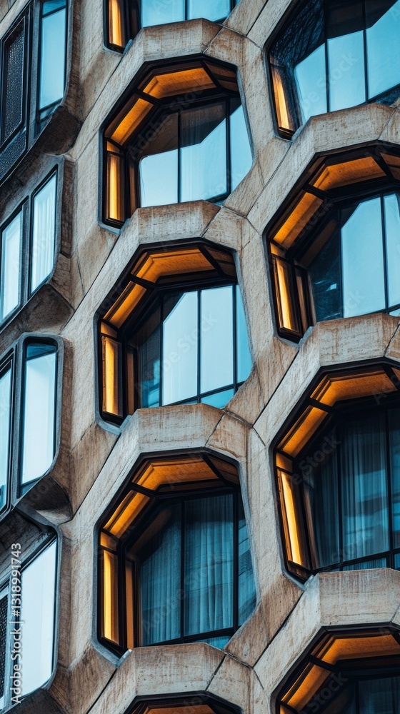 Aufkleber a striking architectural design showcases an arrangement of hexagonal windows that glow warmly, enha
