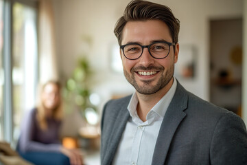 Fototapeta premium Realtor wearing a suit smiles confidently in stylish living room