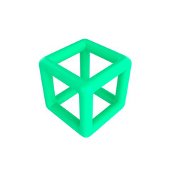 A glowing cyan wireframe cube with a smooth, polished surface, floating against a transparent background.