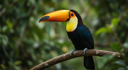 Obraz premium Vibrant Toucan Perched Serenely on Branch Sunlight Filters Through Lush Green Foliage. AI Generated