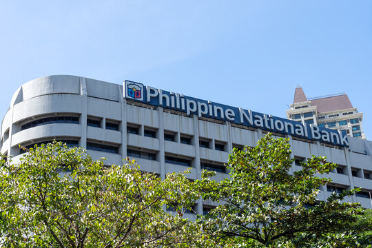 Makati City, Philippines - February 1, 2025: Philippine National Bank (PNB) sign and logo on the building at PNB Makati Center in Makati City, Philippines. 