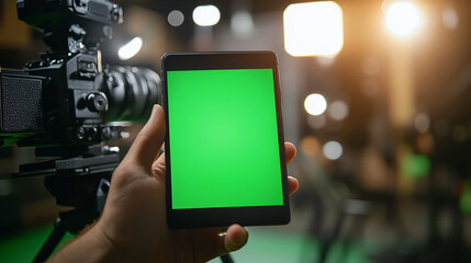 A person holding a green tablet with a green screen. The tablet is being held in front of a camera