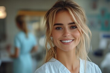 Fototapeta premium Portrait of smiling dentist on blurred stomatology clinic cabinet