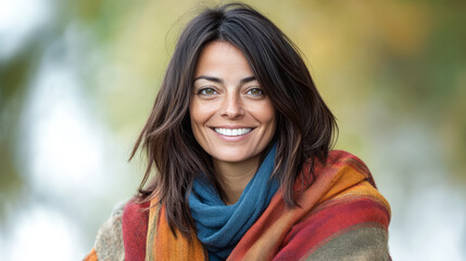 Naklejka premium Woman with warm smile wrapped in colorful blanket enjoying autumn outdoors