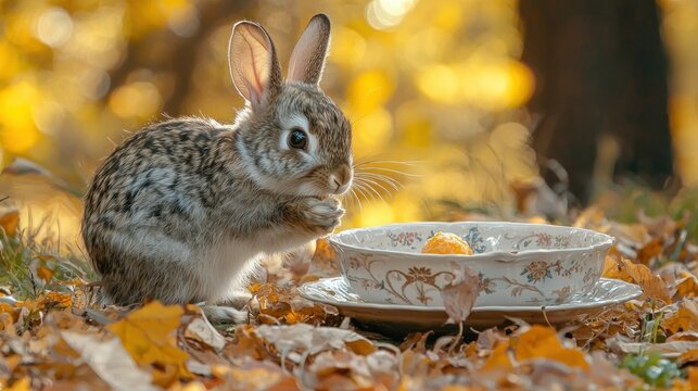 Adorable bunny nibbling near autumn leaves and a bowl