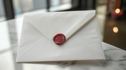 A white envelope with a red wax seal on a marble surface.