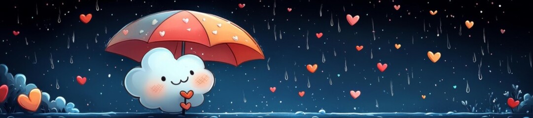 Kawaii cloud holding an umbrella surrounded by hearts in the rain. Generative AI