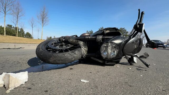 Black motorcycle with serious damage is on the asphalt. Accident close-up. Lost control and fell. Driving hazards. Collisions with another vehicle. Broken headlight and bent handlebars.