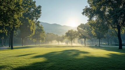 Obraz premium Serene Morning Light in Park with Mist Rising from Grass. Generative AI