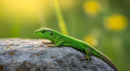 Fototapeta premium Green lizard basks softly in warm sunlight atop grey rock. AI Generated