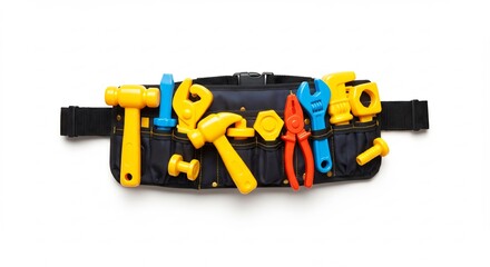 Brightly colored toy tools neatly arranged in a black tool belt against a white background. AI Generated