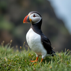 Atlantic puffin perched on the green grass