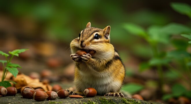 Adorable chipmunk happily munches acorn amidst soft dappled sunlight. AI Generated
