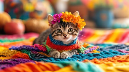 Fototapeta premium Scottish Fold Cat dressed in a tiny folklorico dress with ruffled sleeves and a flower headpiece 