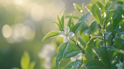 Fototapeta premium Fresh Green Tea Leaves with Morning Dew, Soft Sunlight, and Blurred Spring Blossoms, Capturing Serene Natural Beauty 