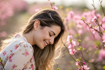Naklejka premium Smiling Young Woman in Pink Flower Field – Dreamy Spring Portrait Photography
