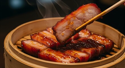 Steaming Char Siu in bamboo steamer with chopsticks lifting one piece shows the savory Chinese BBQ pork.