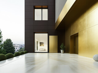 Fototapeta premium Modern architectural design featuring golden accents and minimalist landscaping in urban setting
