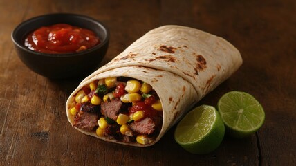 Delicious Steak Burrito with Corn Salsa Lime Wedges and Spicy Sauce