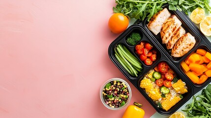 A vibrant meal prep box featuring grilled chicken, assorted vegetables, and a fresh salad, surrounded by citrus fruits on a pastel background.