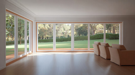 Fototapeta premium Bright and spacious living room with large windows overlooking a garden