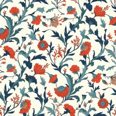 Elegant Seamless Floral Pattern Red and Teal Flowers on Cream Background Perfect for Textile and