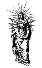 Line art illustration of Our Lady of Sorrows, featuring seven swords piercing her heart.