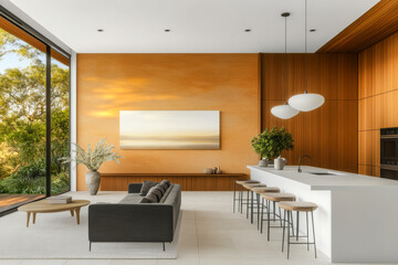 Fototapeta premium Modern minimalist living room with large windows and natural light in a contemporary setting