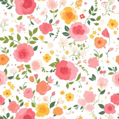 Fototapeta premium Seamless Spring Floral Pattern Pretty Pink Orange Yellow Roses and Blossoms Design
