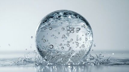 A transparent sphere of water with tiny air bubbles inside, suspended in the center of a clean white background, ultra-realistic 